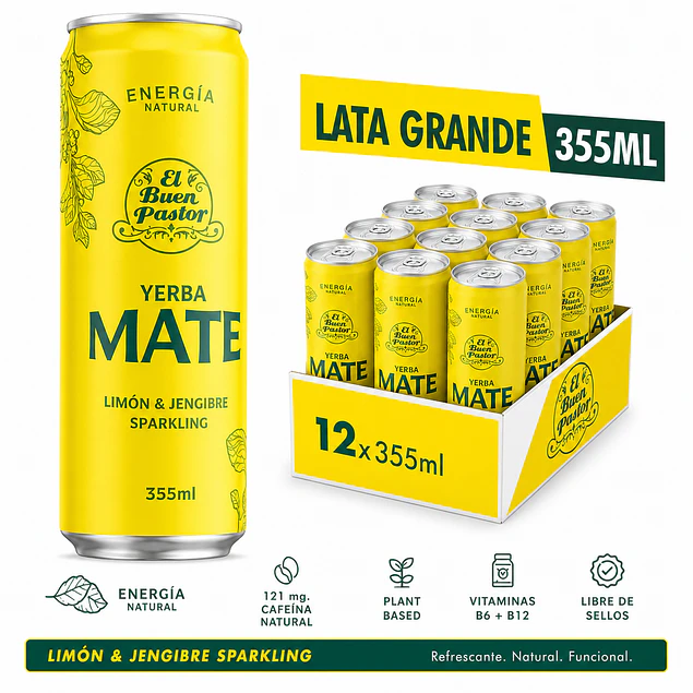 Pack x 12 Uni Bebida Energizante Natural Yerba Mate Limón & Jengibre El Buen Pastor 355ml