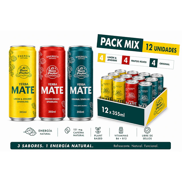 Pack x 12 Uni Bebida Energizante Natural Surtidas Yerba Mate El Buen Pastor 355 ml