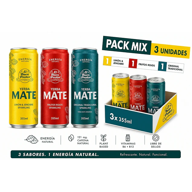 Pack x 3 Uni Bebida Energizante Natural Surtidas El Buen Pastor 355ml