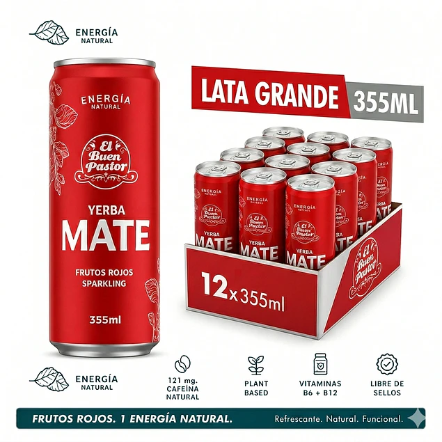 Pack x 12 uni Bebida Energizante Natural Yerba Mate Frutos Rojos El Buen Pastor 355ml