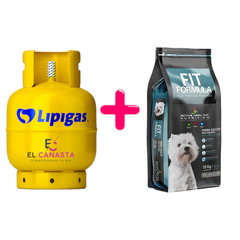 1 Recarga de gas de 15 kg. más un Fit Formula Adulto Raza Pequeña 10 kg