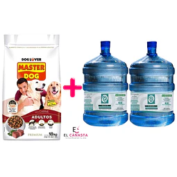 Un Masterdog Adulto de 18 kilos más 2 recargas de agua purificada de 20 lts.
