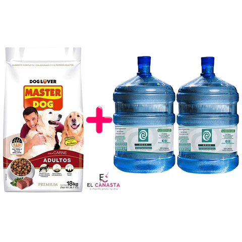 Un Masterdog Adulto de 18 kilos más 2 recargas de agua purificada de 20 lts.