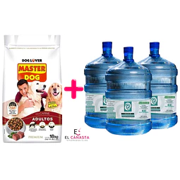 Un Masterdog Adulto de 18 kilos más 3 recargas de agua purificada de 20 lts.