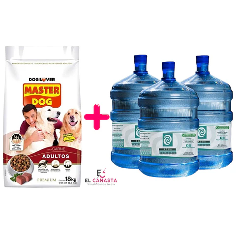 Un Masterdog Adulto de 18 kilos más 3 recargas de agua purificada de 20 lts.