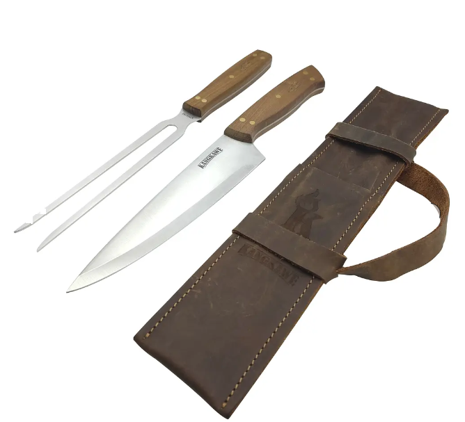 SET TENEDOR + CUCHILLO PARRILLERO F/CUERO CAFÉ RUSTICO