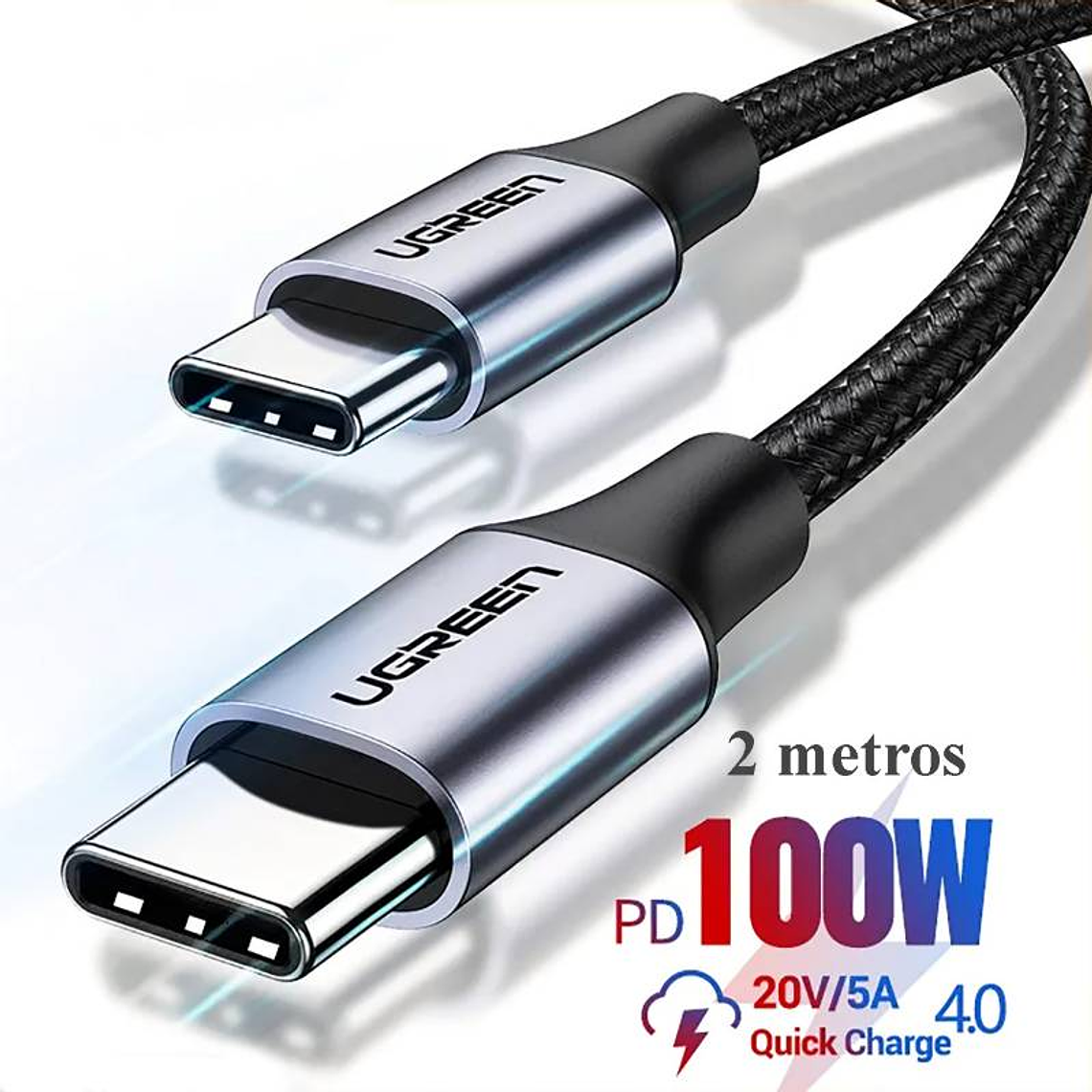 CABLE UGREEN USB C a C - 100W - CARGA RAPIDA - 2 MT - NYLON TRENZADO 1