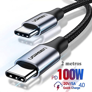 CABLE UGREEN USB C a C - 100W - CARGA RAPIDA - 2 MT - NYLON TRENZADO