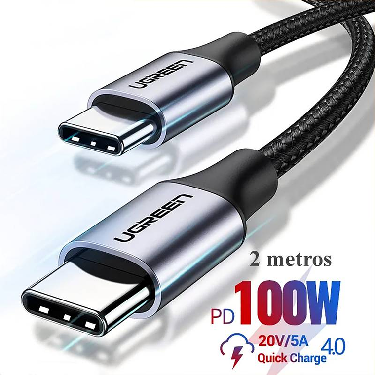 CABLE UGREEN USB C a C - 100W - CARGA RAPIDA - 2 MT - NYLON TRENZADO 1