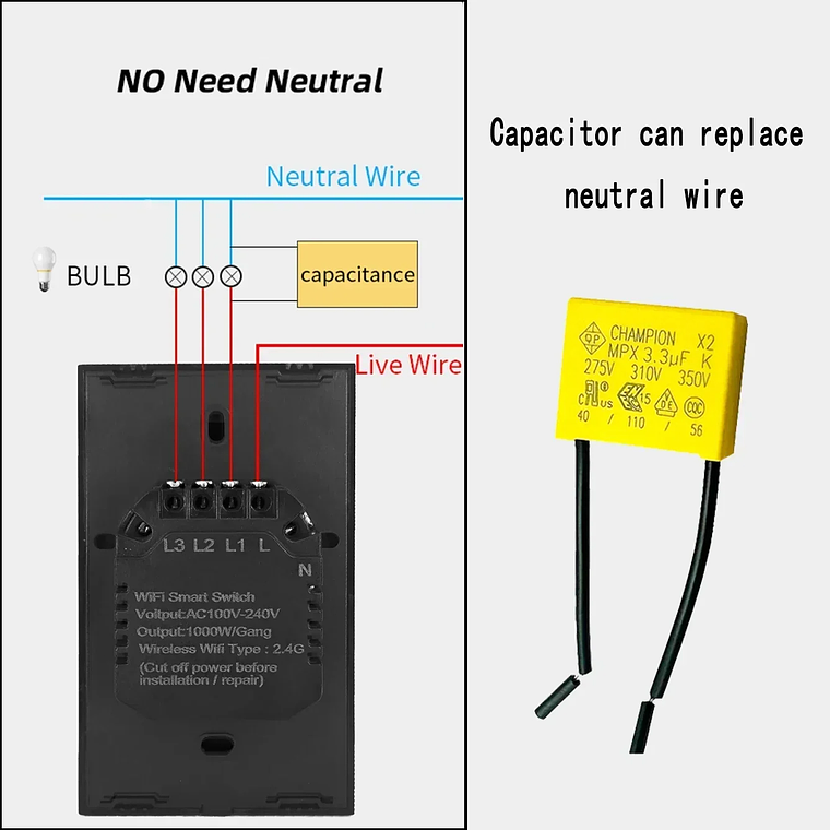 CAPACITOR CONDENSADOR 3.3 UF - REEMPLAZA CABLE NEUTRO - KIT 2 UNIDADES 3