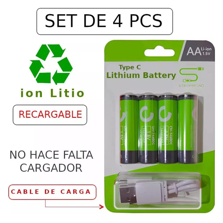 Pilas Recargables AA Litio + Cable de carga - 4 Unidades - Cafini 6