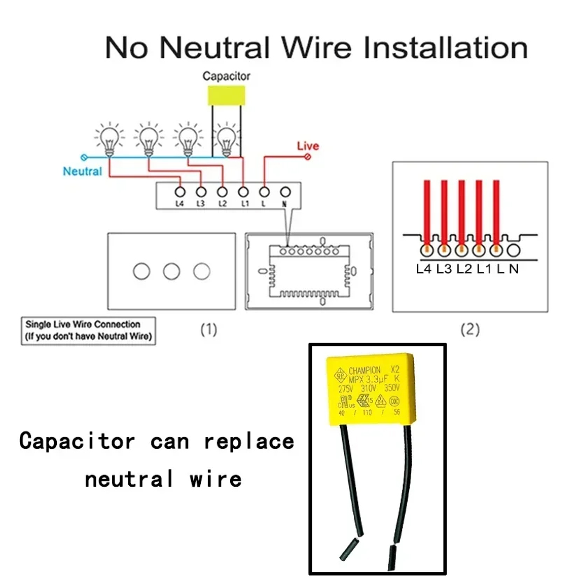 CAPACITOR CONDENSADOR 3.3 UF - REEMPLAZA CABLE NEUTRO - KIT 4 UNIDADES 2