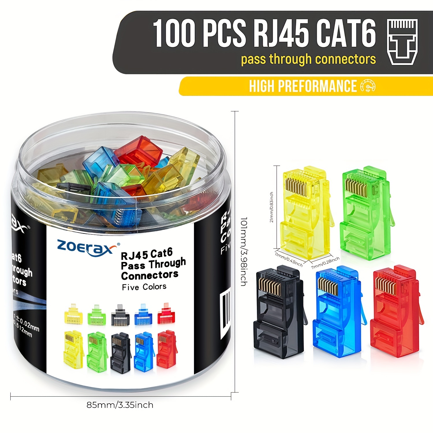 CONECTOR RJ45 CAT 6 - ZOERAX - PLASTICO DE COLORES - 100 UNI