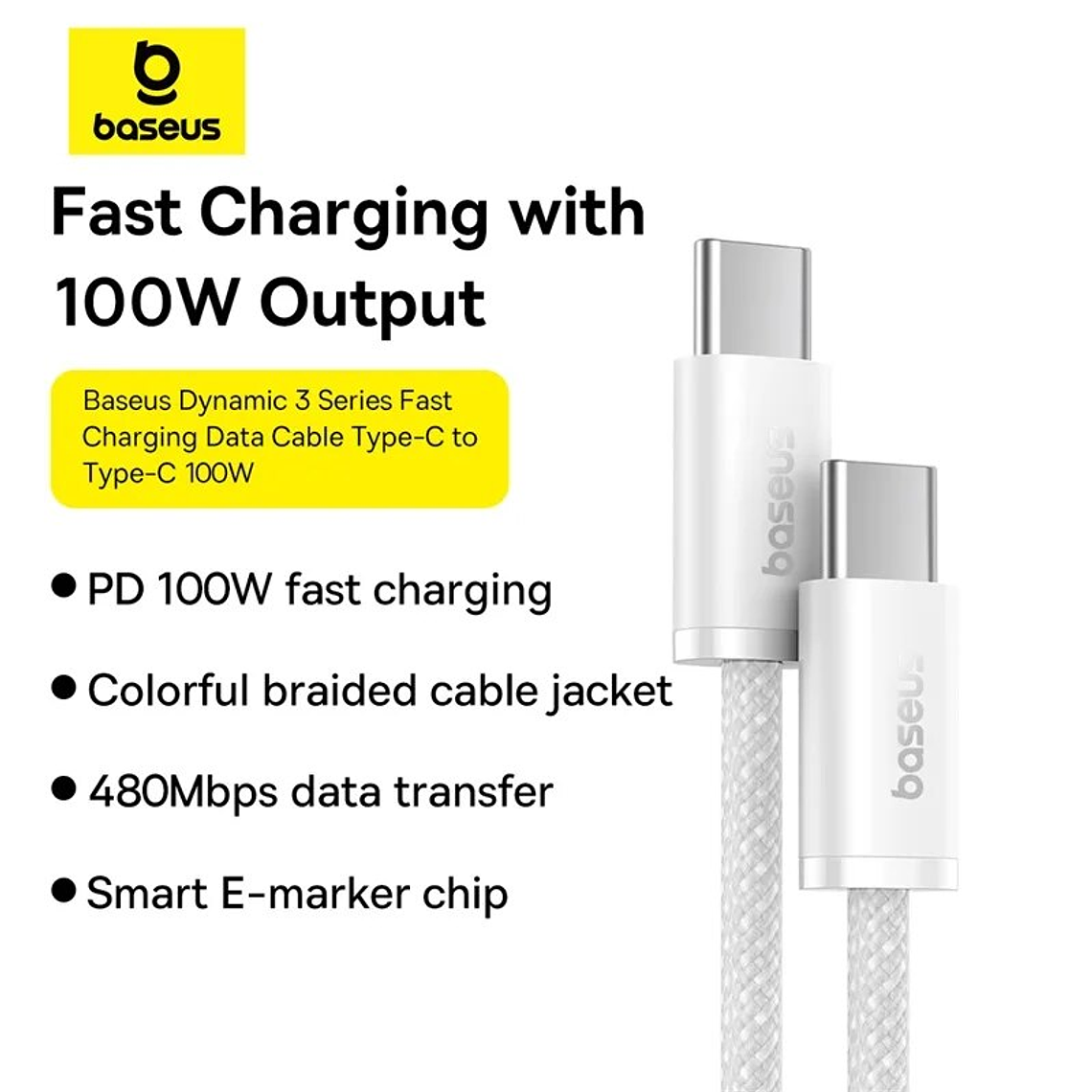 CABLE BASEUS USB C a C - 100W - CARGA RAPIDA - 2MT - BLANCO 2