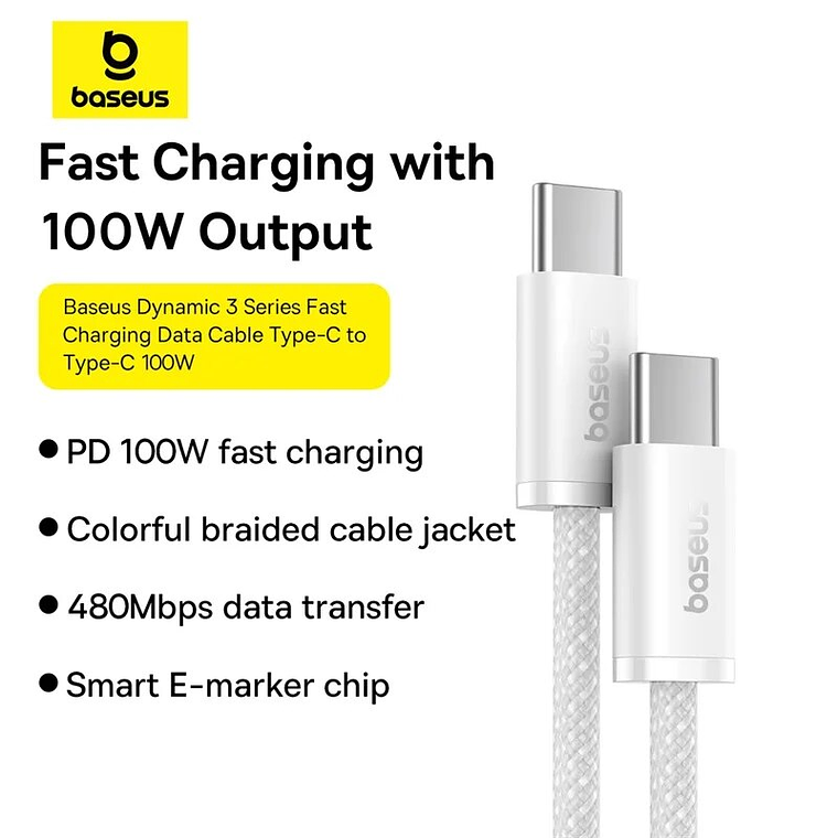 CABLE BASEUS USB C a C - 100W - CARGA RAPIDA - 2MT - BLANCO 2