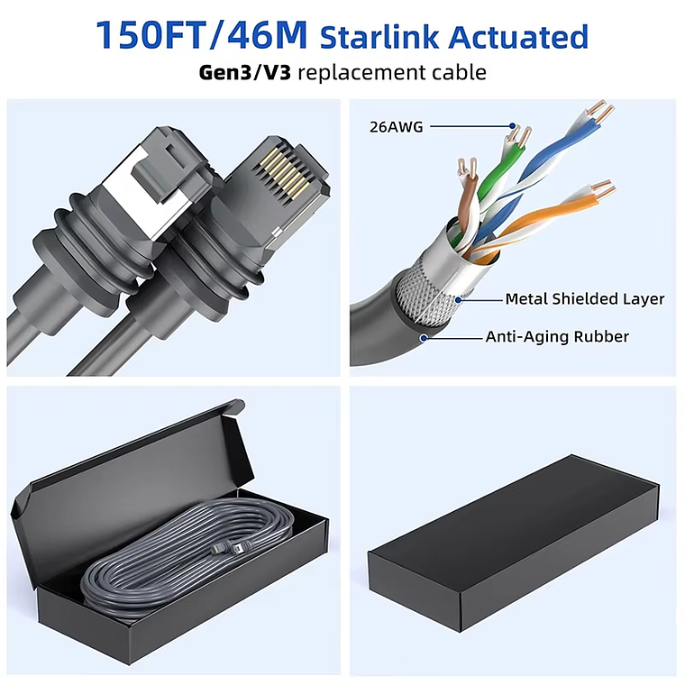 Cable de Datos Ethernet Para Starlink Gen 3 V3 y Starlink Mini - 2 Metros - Conector RJ45 Impermeable IP67 Blindado 5