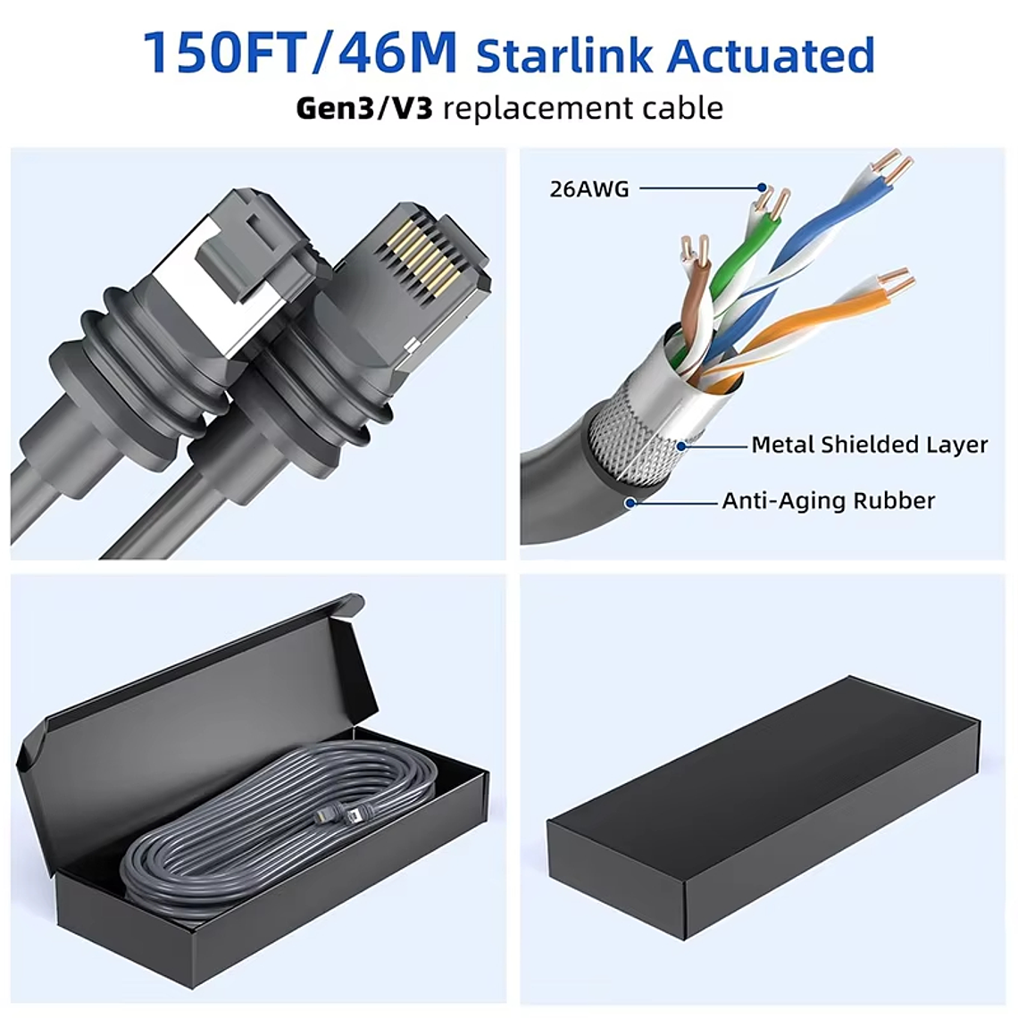 Cable de Datos Ethernet Para Starlink Gen 3 V3 y Starlink Mini -  10 Metros - Conector RJ45 Impermeable IP67 Blindado 5