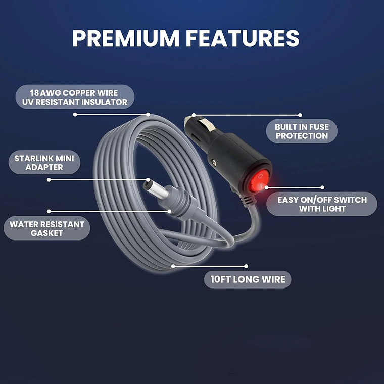 Cargador de Auto Para Starlink Mini Con Interruptor Indicador LED - 2 Metros - Protección Contra Sobretensiones 5