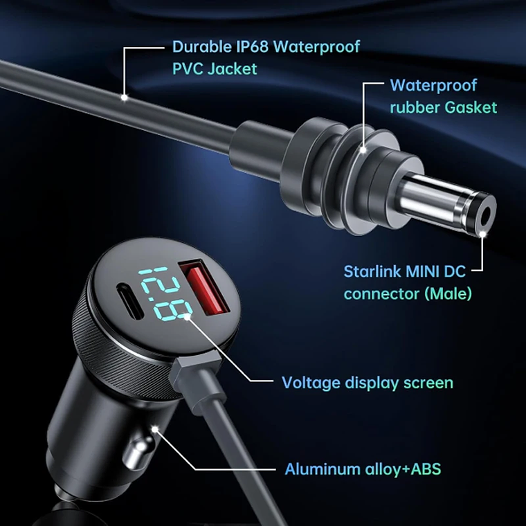 Inversor de Energía Para Starlink Mini 12V a 30V-2A - Adaptador Auto Cigarrera con Estabilizador de Voltaje - 2 Metros - 3 EN 1 3