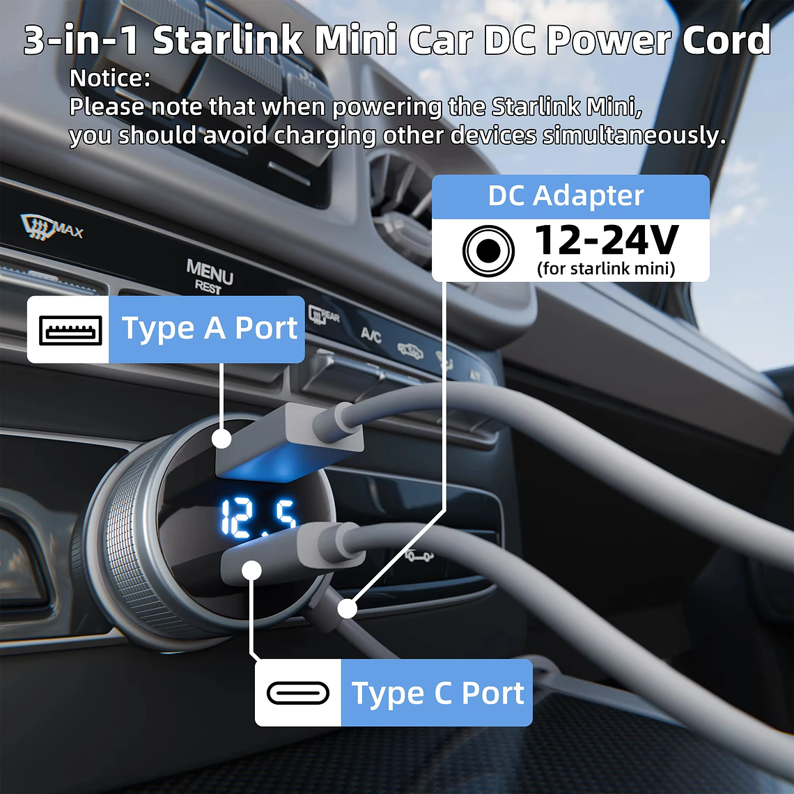 Inversor de Energía Para Starlink Mini 12V a 30V-2A - Adaptador Auto Cigarrera con Estabilizador de Voltaje - 2 Metros - 3 EN 1 6