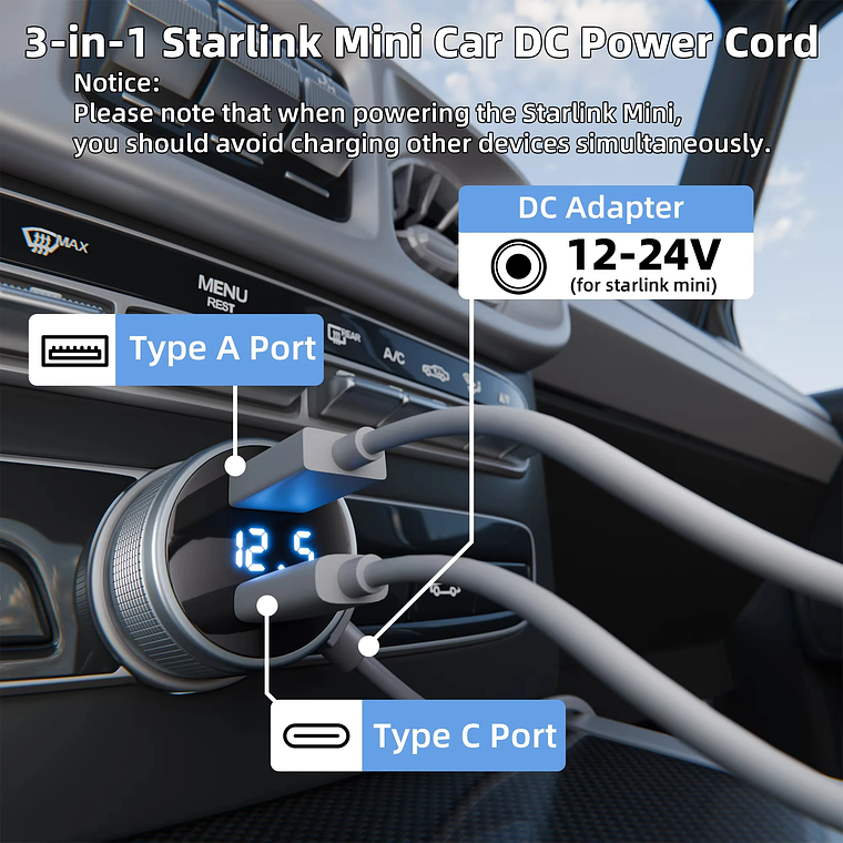 Inversor de Energía Para Starlink Mini 12V a 30V-2A - Adaptador Auto Cigarrera con Estabilizador de Voltaje - 2 Metros - 3 EN 1 6