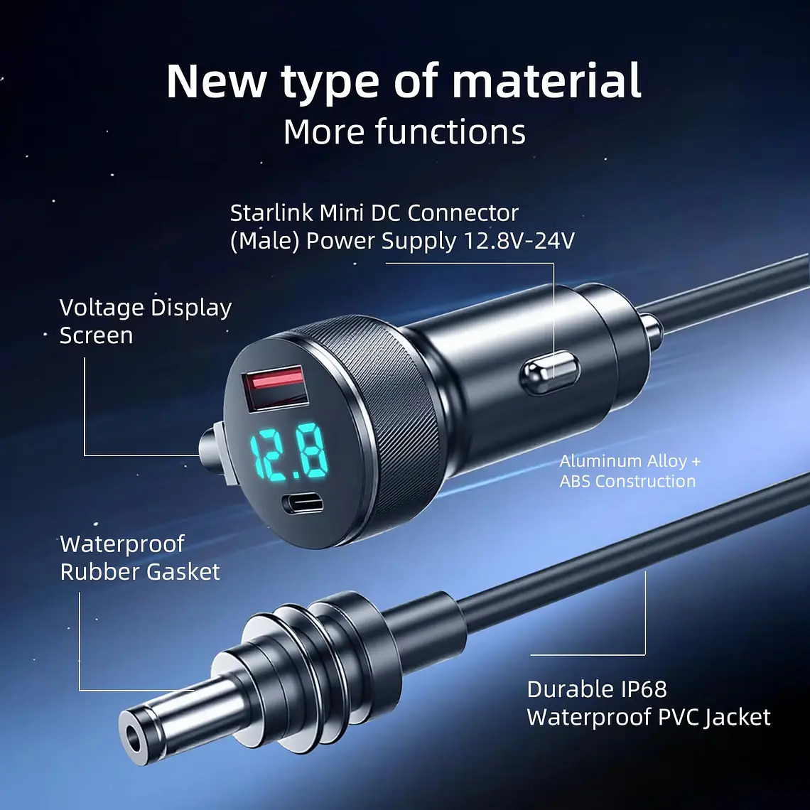 Cargador de Auto Para Starlink Mini 3 en 1 con Pantalla Digital - 2 Metros - Monitor de Voltaje y Puertos USB A y C 3