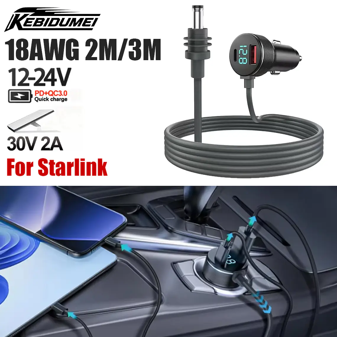 Cargador de Auto Para Starlink Mini 3 en 1 con Pantalla Digital - 2 Metros - Monitor de Voltaje y Puertos USB A y C 2