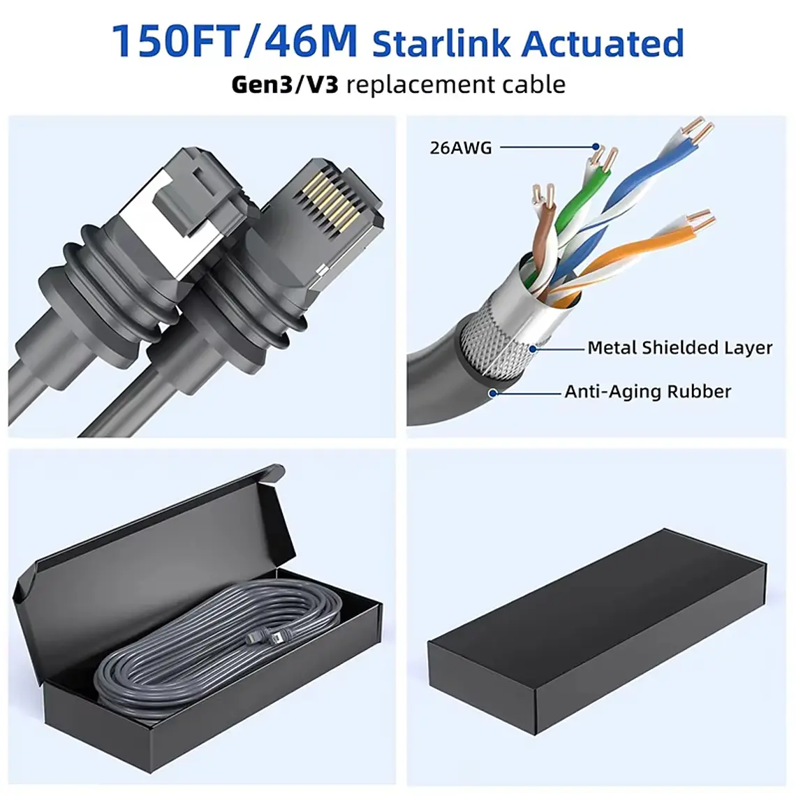 Cable de Datos Ethernet Ugreen Para Starlink Gen 3 V3 y Starlink Mini - 45 Metros - Conector RJ45 Impermeable IP67 Blindado 5