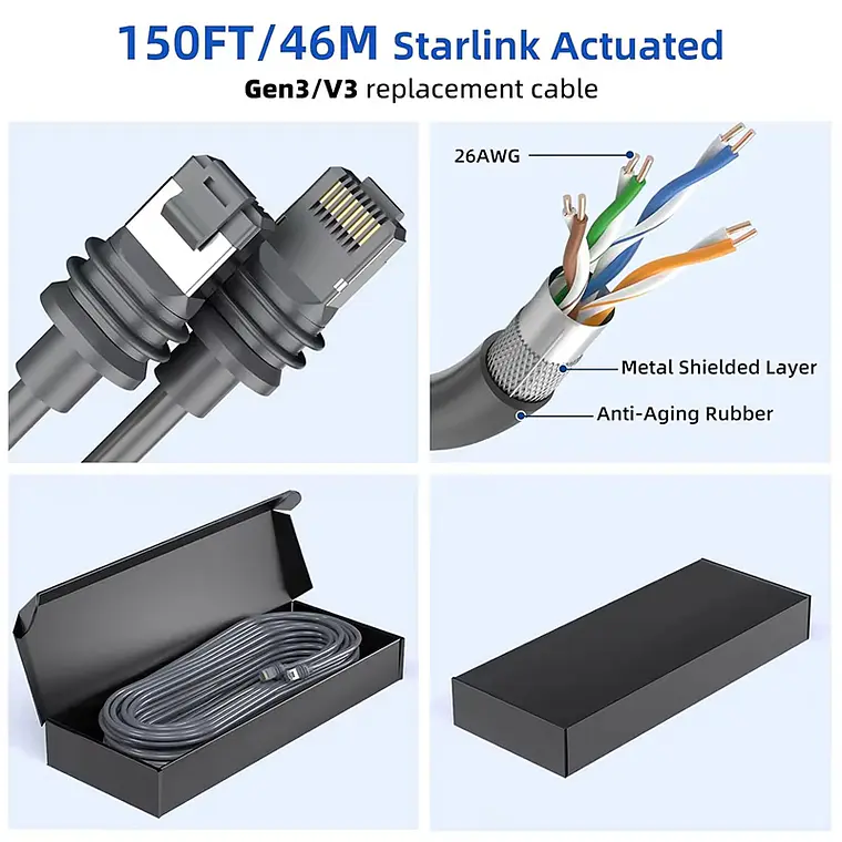Cable de Datos Ethernet Ugreen Para Starlink Gen 3 V3 y Starlink Mini - 45 Metros - Conector RJ45 Impermeable IP67 Blindado 5