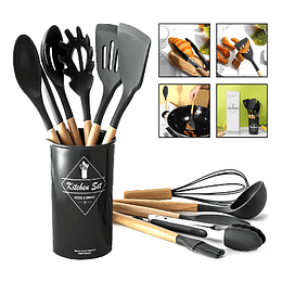 Set de Utensillos 12 pack silicona mango de madera 