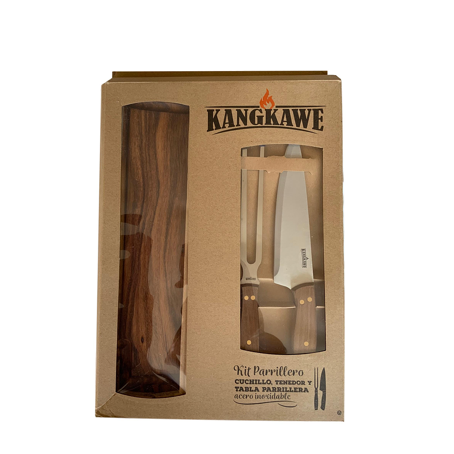Set parrillero tabla + cuchillo + tenedor Kangkawe