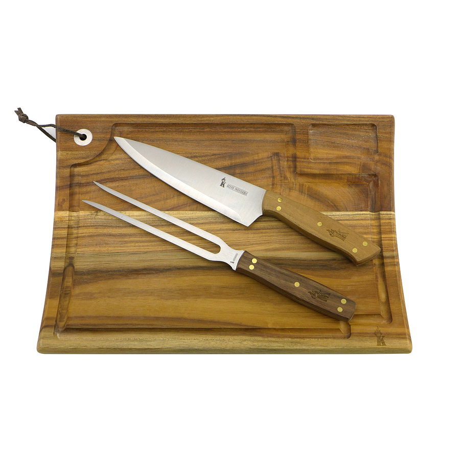 Set parrillero tabla + cuchillo + tenedor Kangkawe