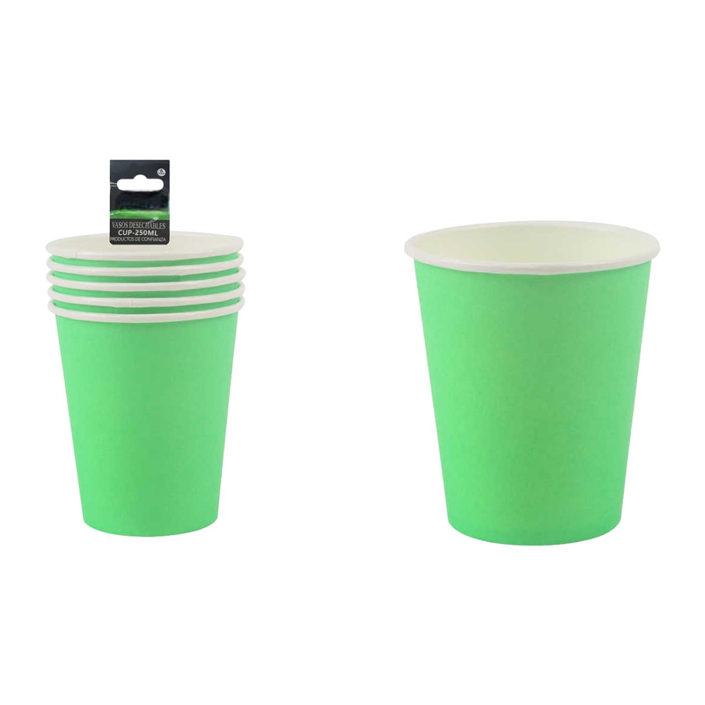 Vasos Verde Fluor  De Carton 250 Ml 6 Pcs 