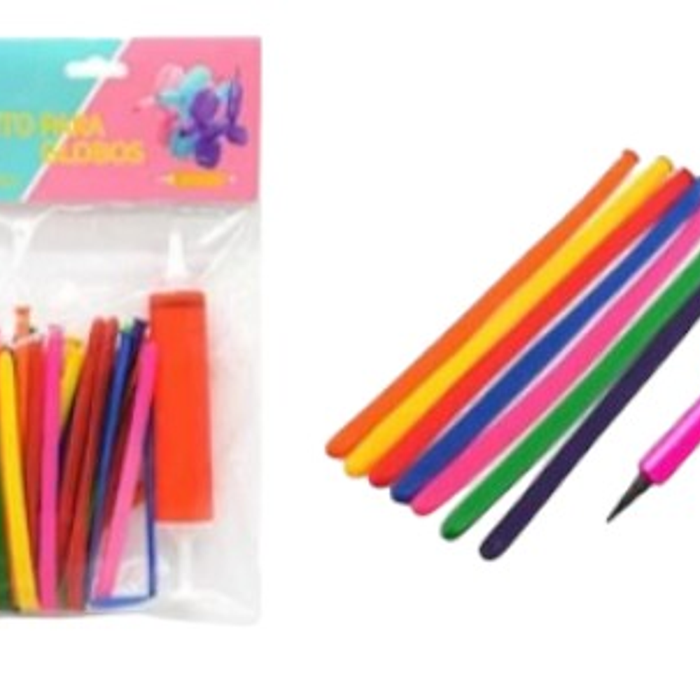 Globos Largos 20cm + Bombin Colores Surtidos 20pcs