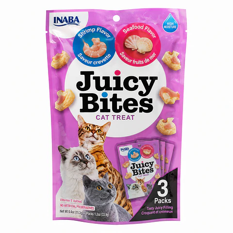 Inaba Juicy Bites Camarón y Mariscos 3 x 11,3 g – Snack Semihúmedo para Gatos