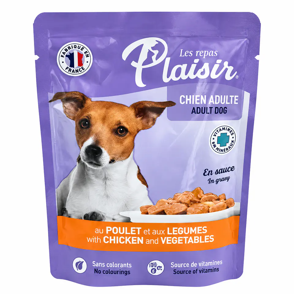Plaisir Chunks Pouch Adult Dog 100 g – Pollo y Vegetales 1