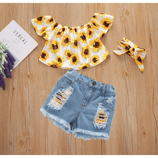 Conjunto Short en jeans + Blusa de Girasoles 2 opciones de color