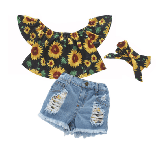 Conjunto Short en jeans + Blusa de Girasoles 2 opciones de color