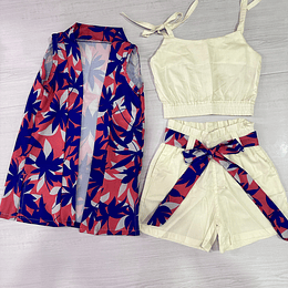 set x 3 piezas, Blusa + Short + kimono