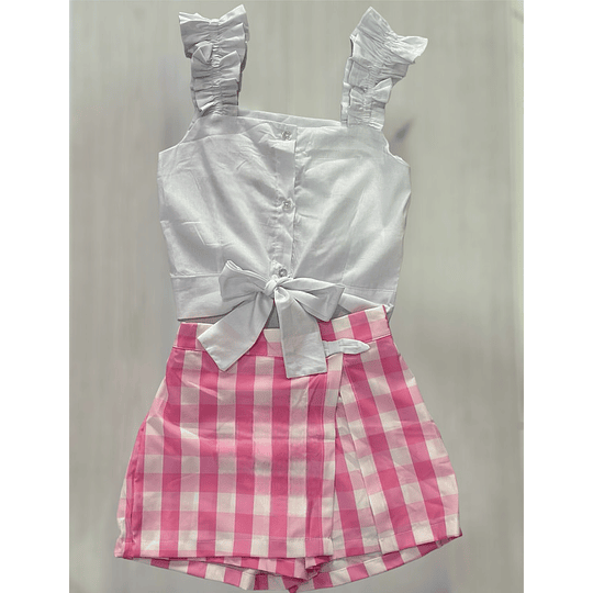 Set x 2 piezas, Falda short de cuadros + blusa blanca 