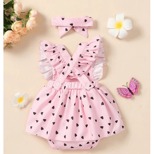 Vestido tipo mameluco rosado con corazones 