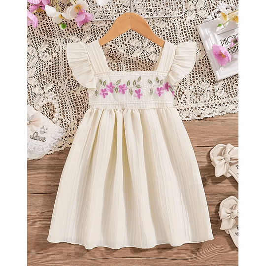 Vestido para Niña Casual Color Beige con Flores Moradas