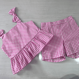 Conjunto con Tiras de corbata Rosado y Cuadros Blancos