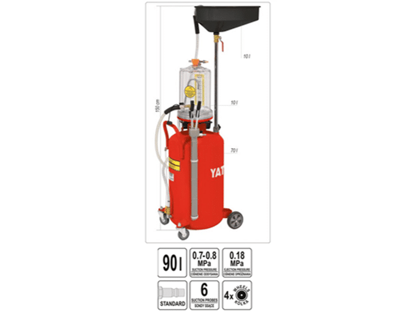 RECOGEDOR NEUMATICO DE ACEITE USADO CON ASPIRACION 90 LITROS, TANQUE DE CONTROL Y UN JUEGO DE 6 SONDAS DE SUCCION