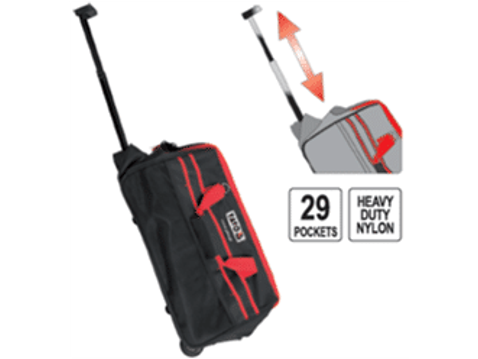 Bolso para herramientas, con ruedas y manilla retractil