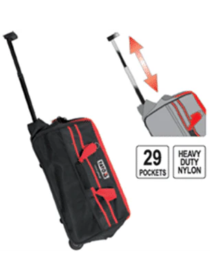 Bolso para herramientas, con ruedas y manilla retractil