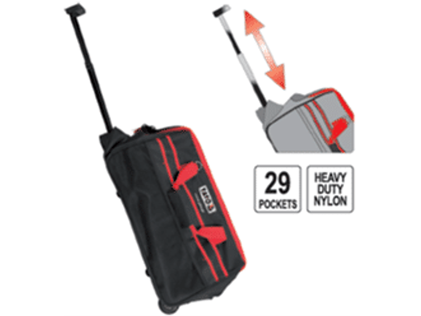 Bolso para herramientas, con ruedas y manilla retractil