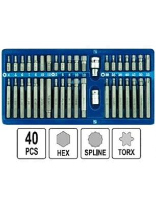 Juego de puntas TORX, IMBUS y ALLEN cortas y largas. 40 piezas.