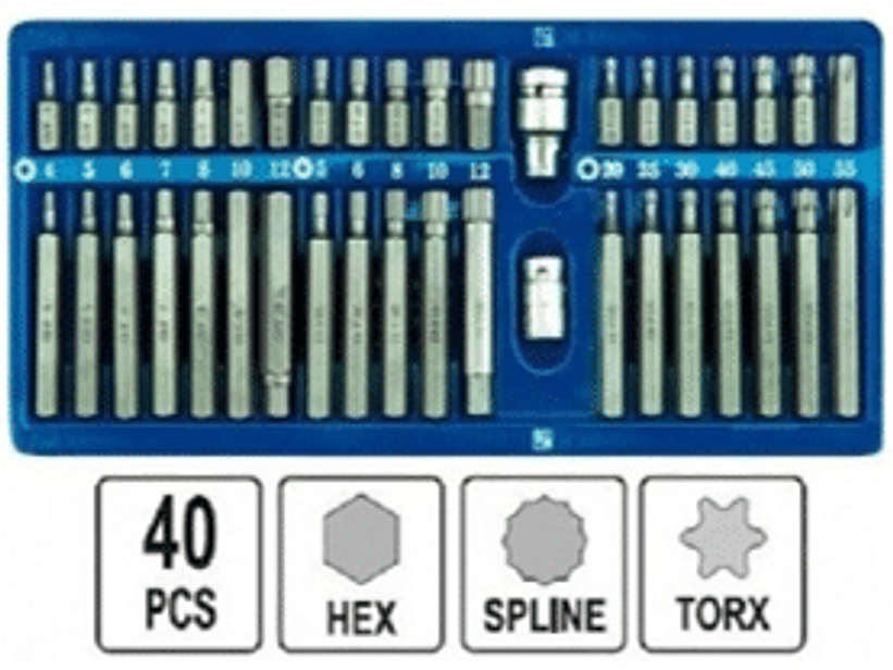 Juego de puntas TORX, IMBUS y ALLEN cortas y largas. 40 piezas.