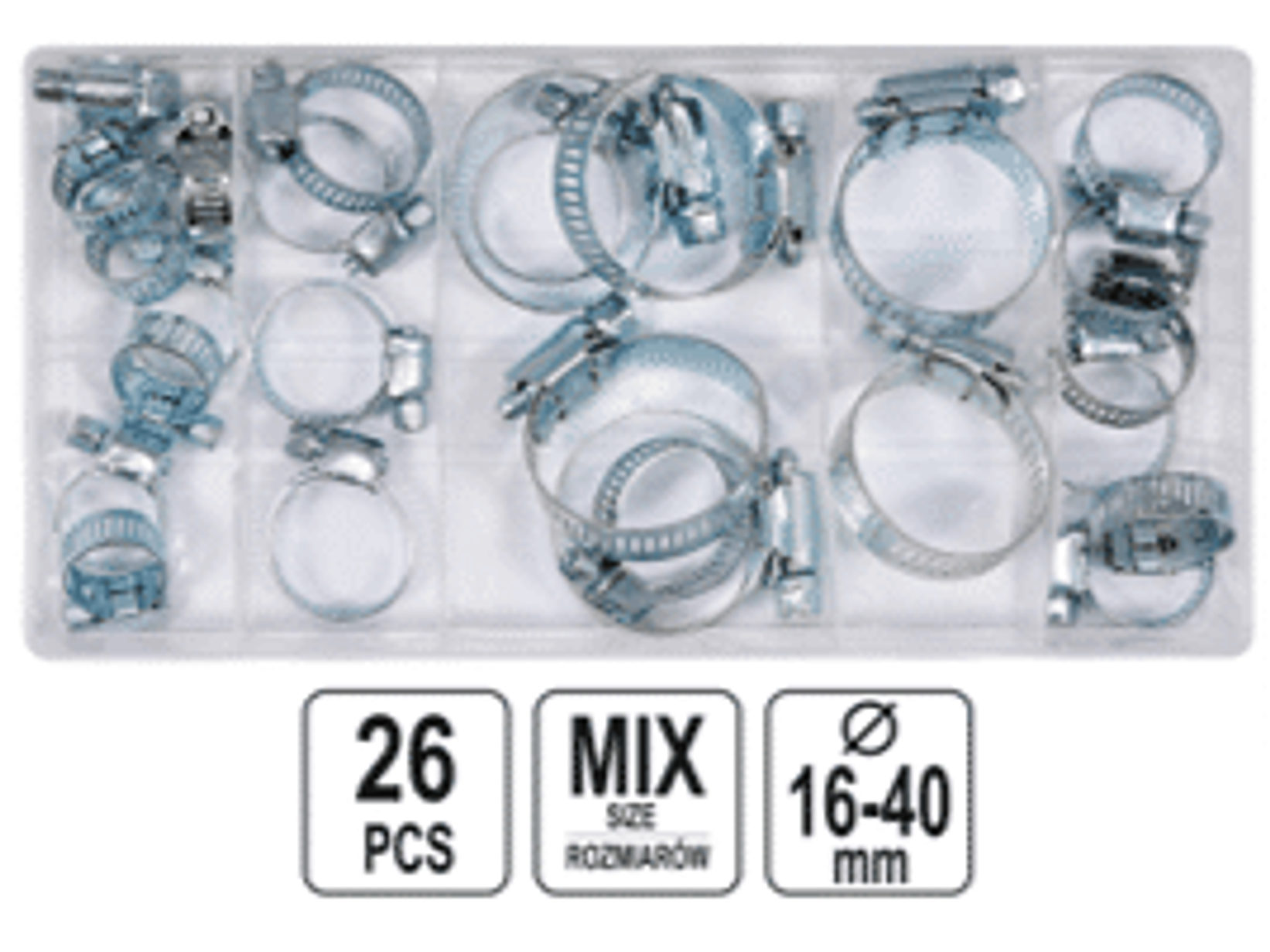 DISPLAY DE 6 MEDIDAS DE ABRAZADERAS CON PERNOS 26 PIEZAS Caja abrazadera de acero con perno ajuste medidas diametro 8 x 16 mm/ 6 x 22 mm/ 4 x 25 mm/ 2 x 28 mm/ 2 x 35 mm/ 4 x 40 mm